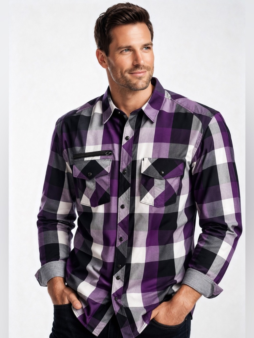 7 Diamonds Plaid Snap Front Shirt Purple Black Modern Fit Men’s Large